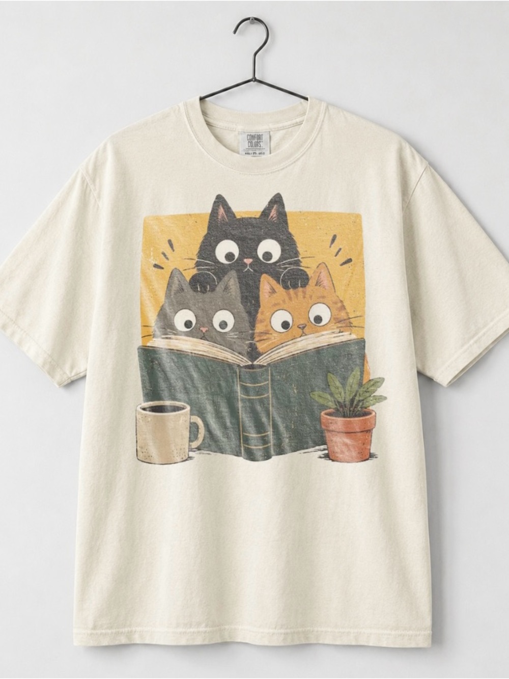 Comfort Colors Retro Curious Reading Cats  Graphic Tee Book Lover Cat Shirt - Picture 2 of 4